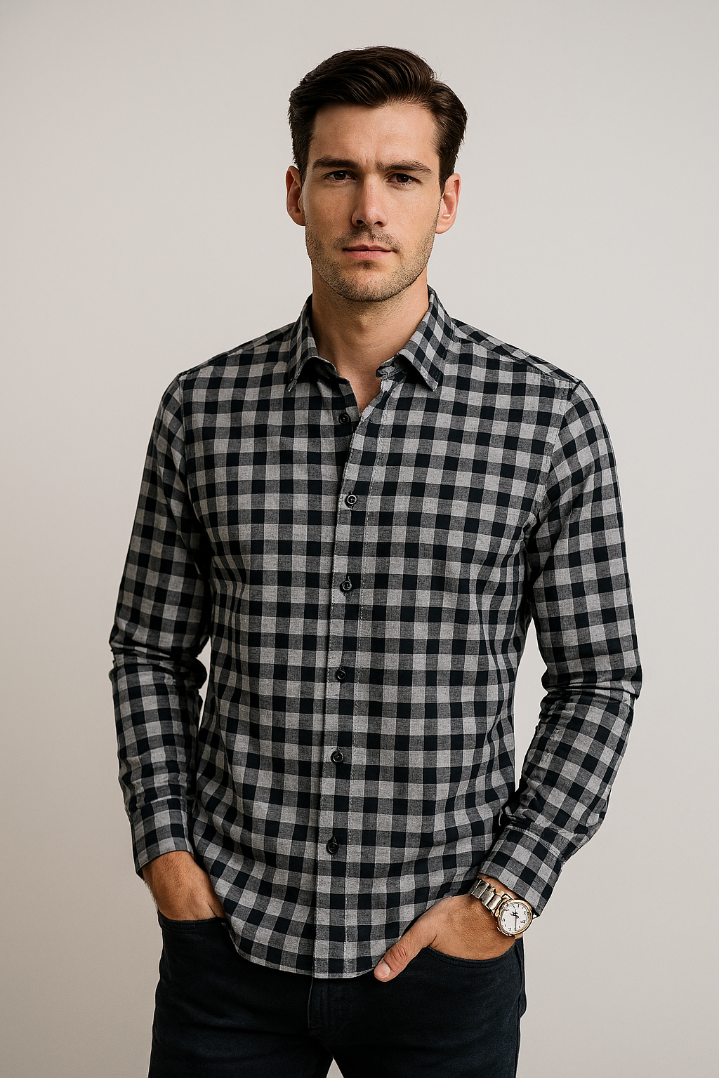 Camisas Para Hombre Elegante Manga Larga De Cuadros B55314 Negro