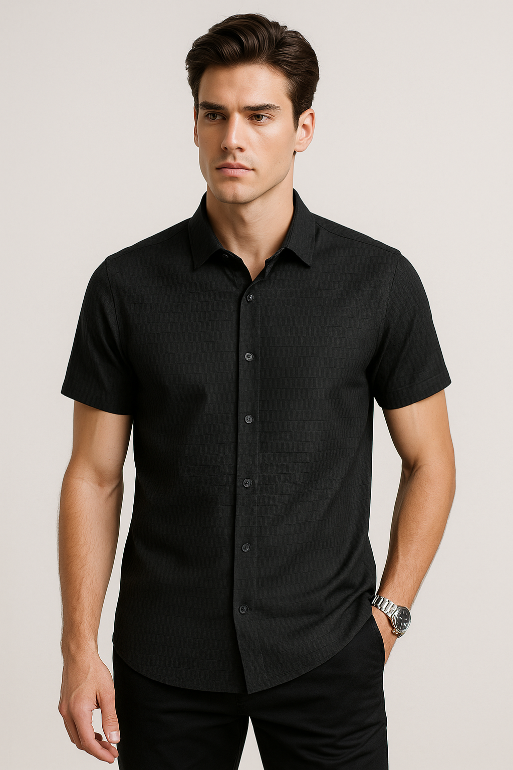 Camisas Para Hombre Manga Corta Con Textura B55357 Negro