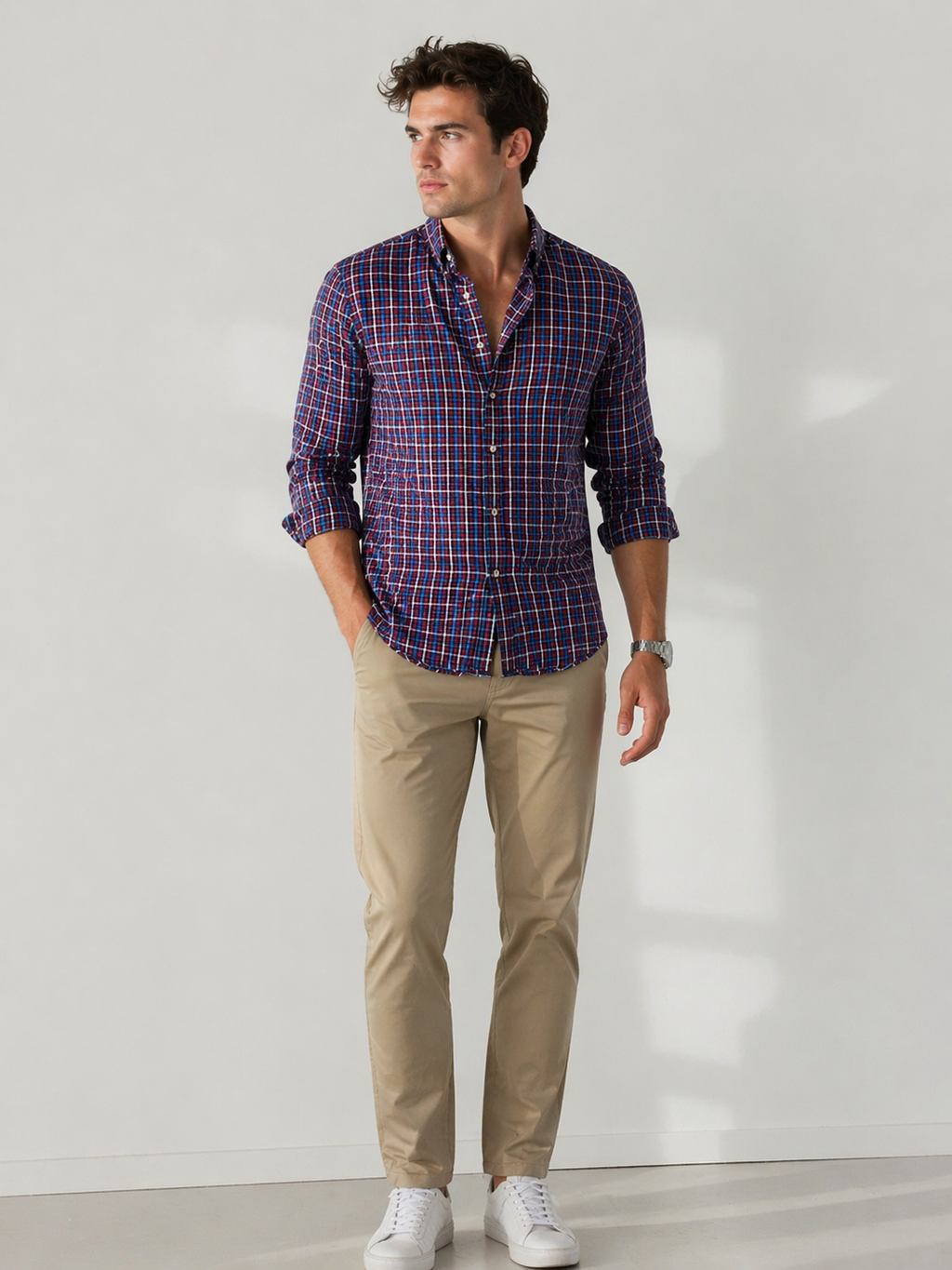 Camisas Para Hombre Manga Larga Cuadros Multicolor B61105 Marino