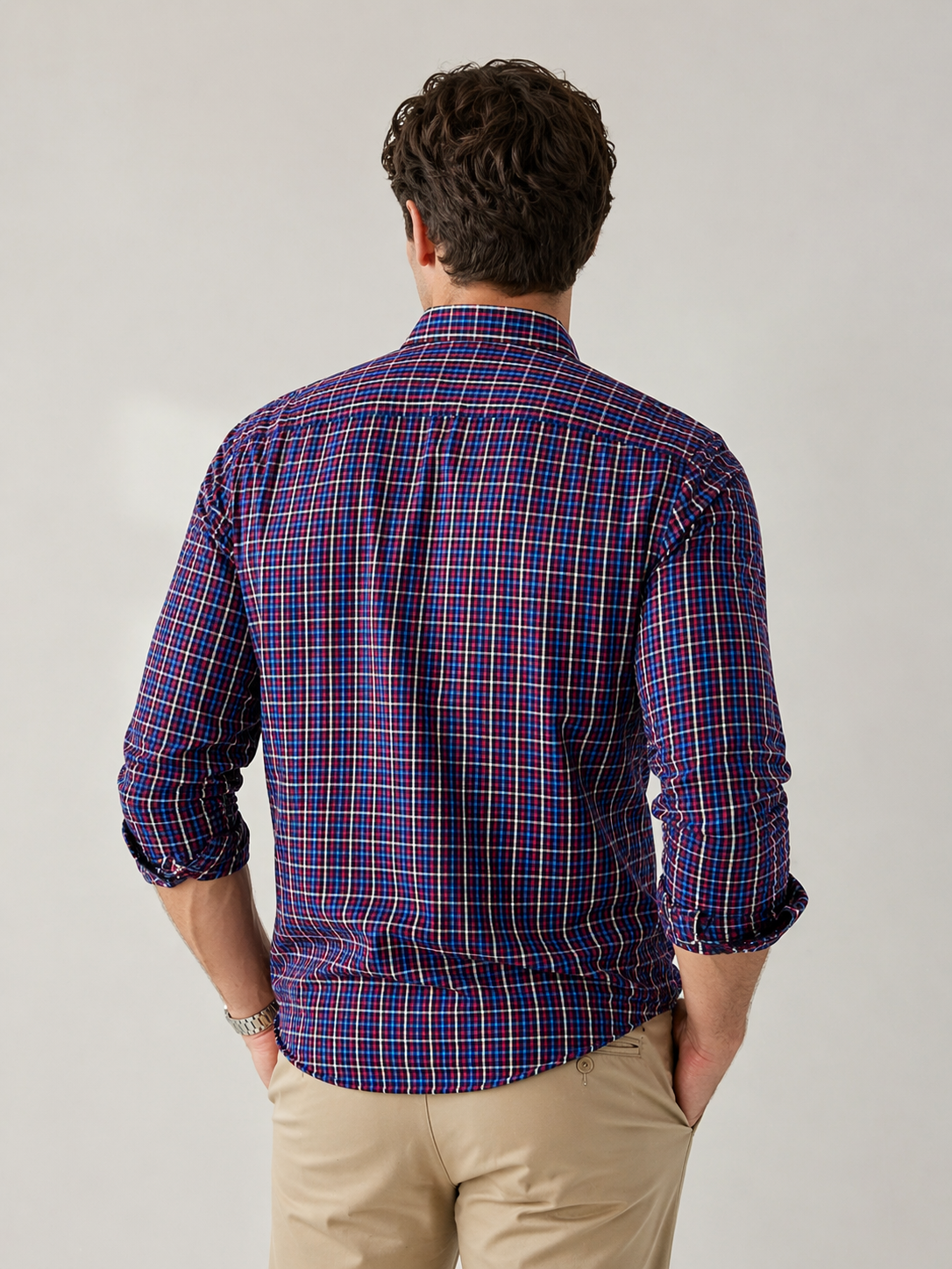 Camisas Para Hombre Manga Larga Cuadros Multicolor B61105 Marino