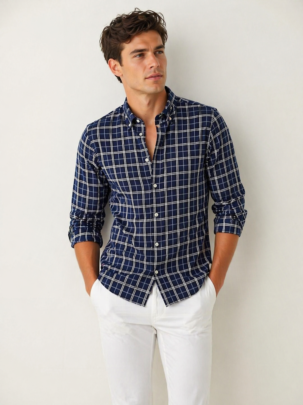 Camisas Para Hombre Manga Larga Cuadros Multicolor B61106 Marino