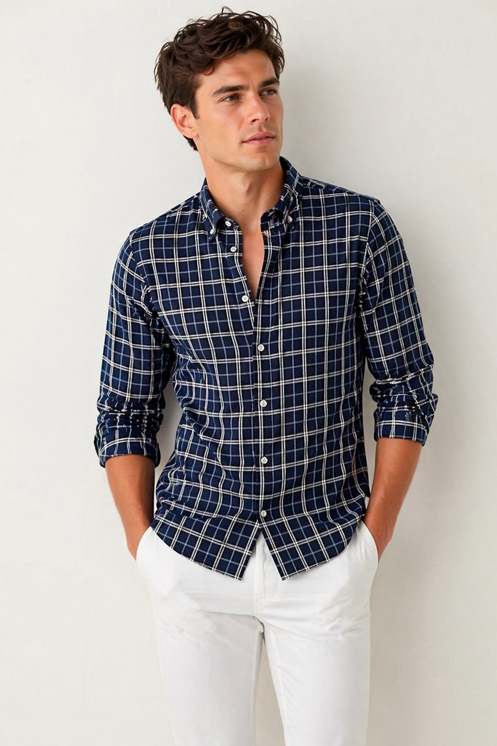 Camisas Para Hombre Manga Larga Cuadros Multicolor B61106 Marino