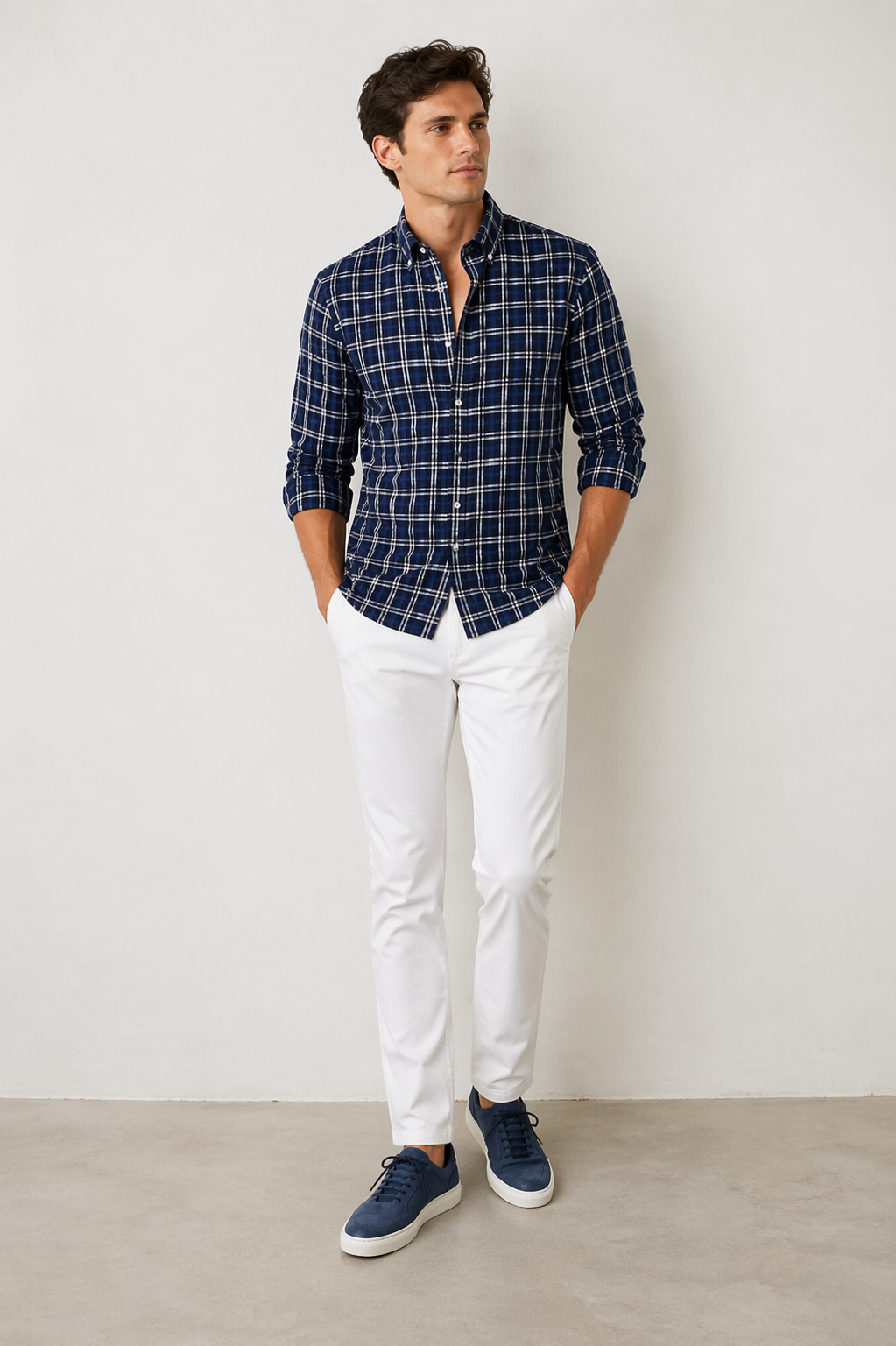 Camisas Para Hombre Manga Larga Cuadros Multicolor B61106 Marino