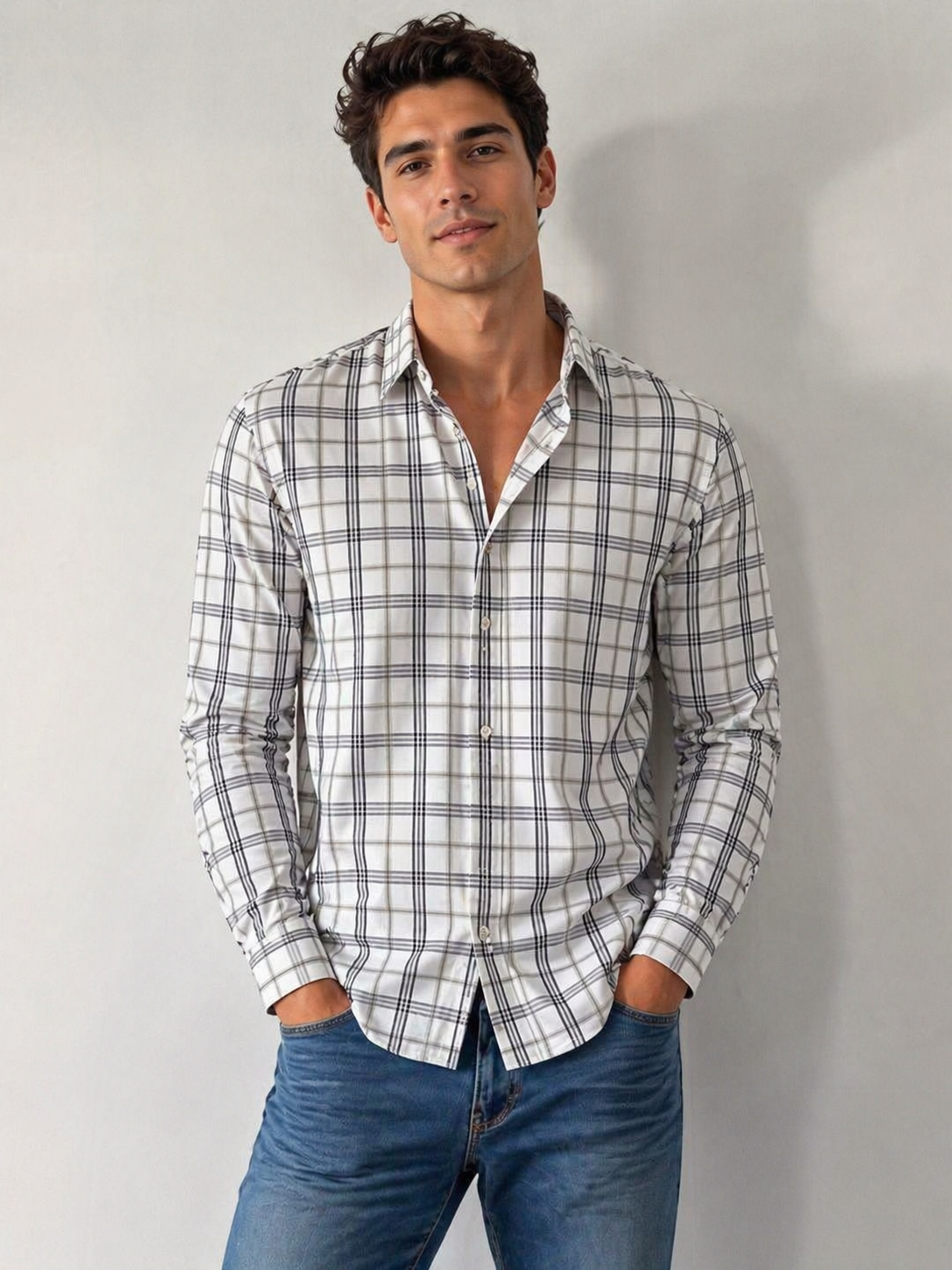 Camisas Para Hombre Manga Larga Cuadros Multicolor B61106 Blanco