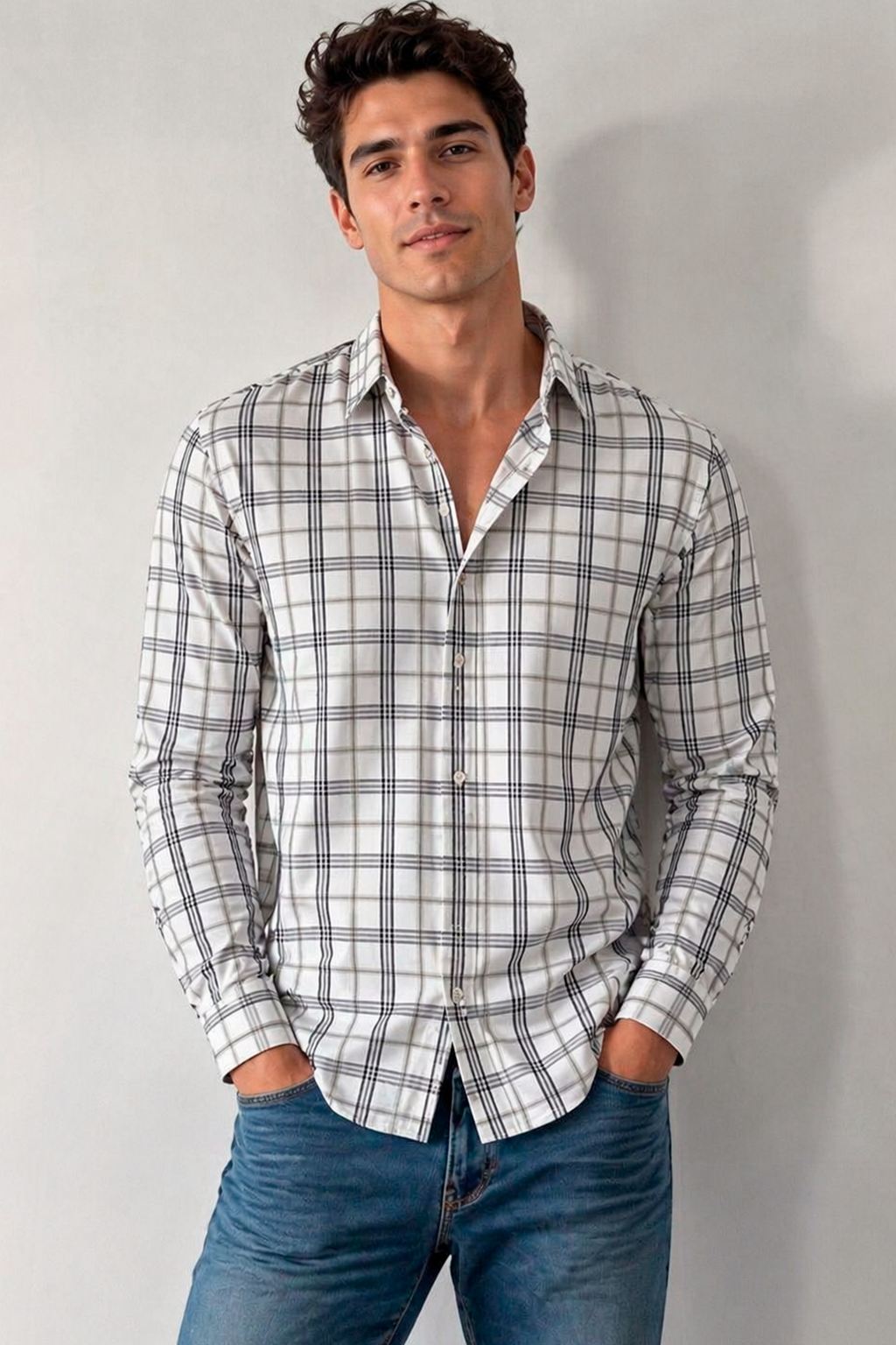 Camisas Para Hombre Manga Larga Cuadros Multicolor B61106 Blanco