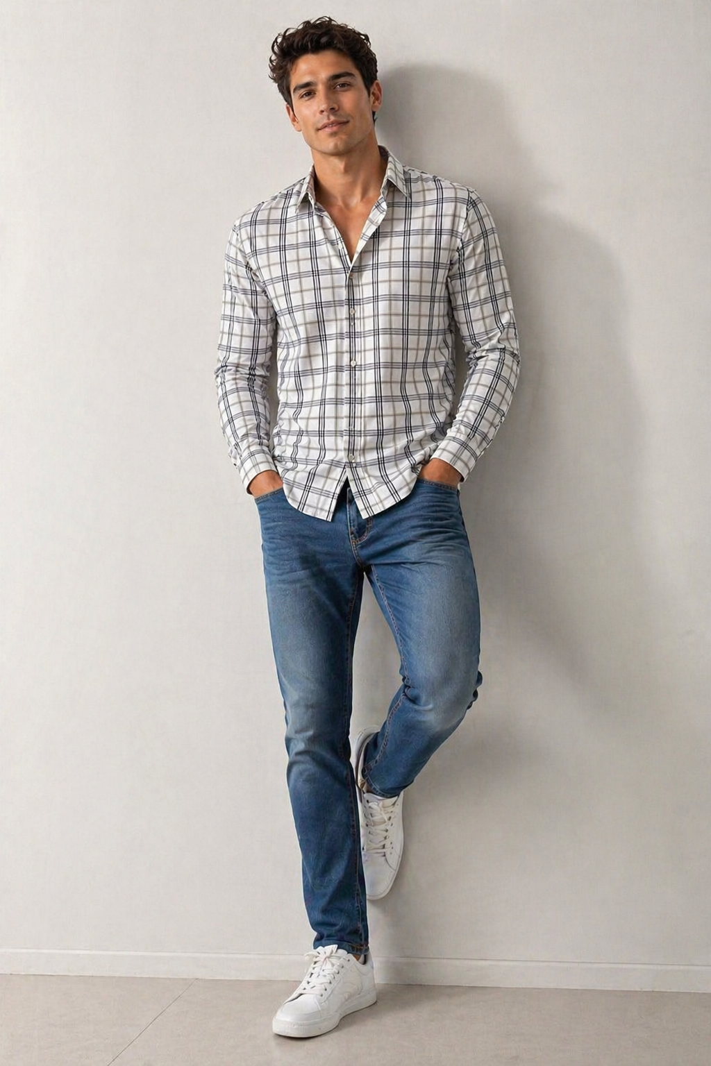 Camisas Para Hombre Manga Larga Cuadros Multicolor B61106 Blanco