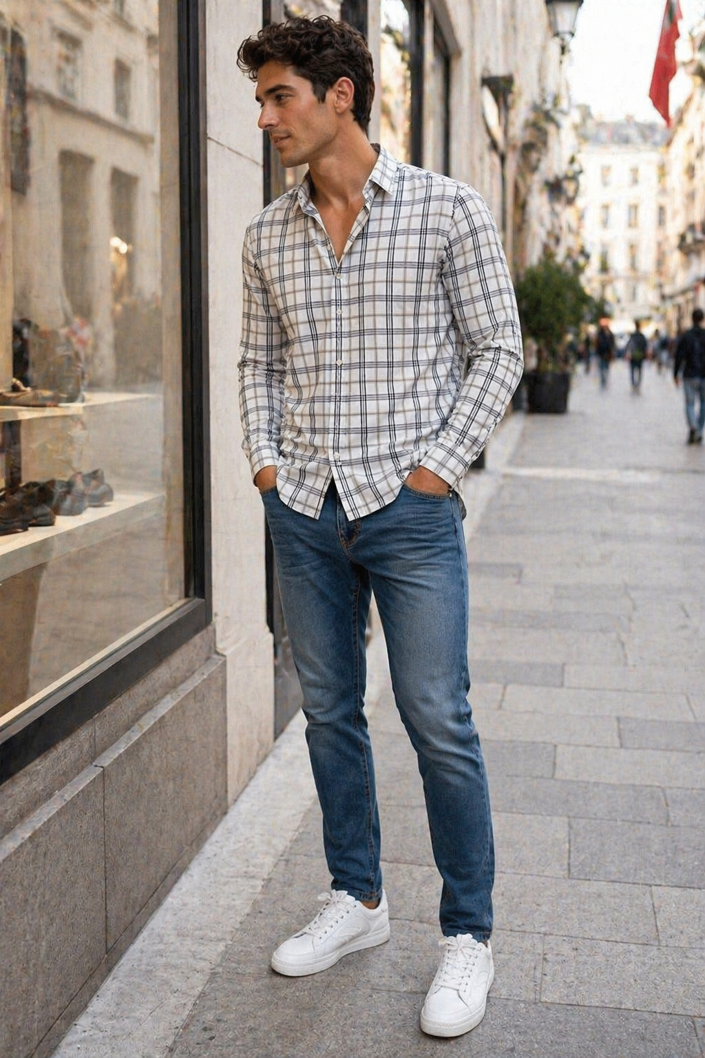 Camisas Para Hombre Manga Larga Cuadros Multicolor B61106 Blanco