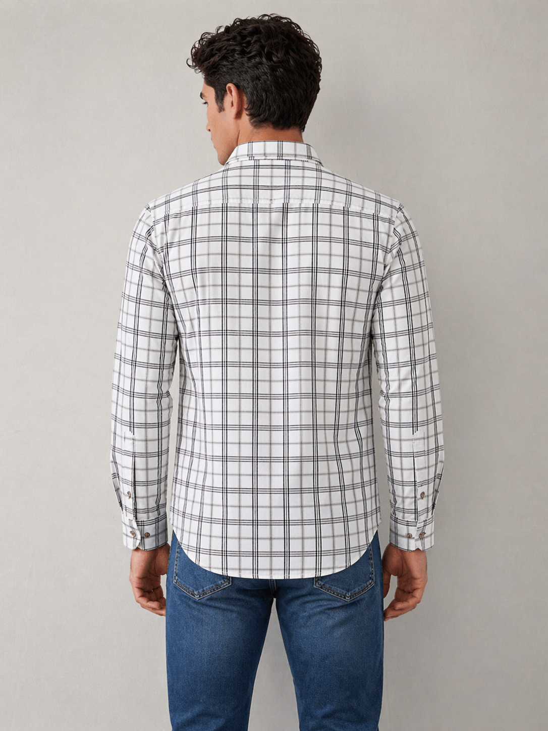 Camisas Para Hombre Manga Larga Cuadros Multicolor B61106 Blanco