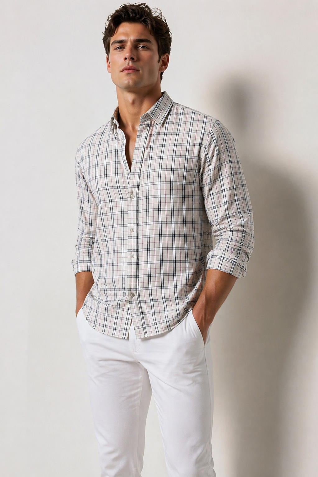 Camisas Para Hombre Manga Larga Cuadros Multicolor B61106 Kaki