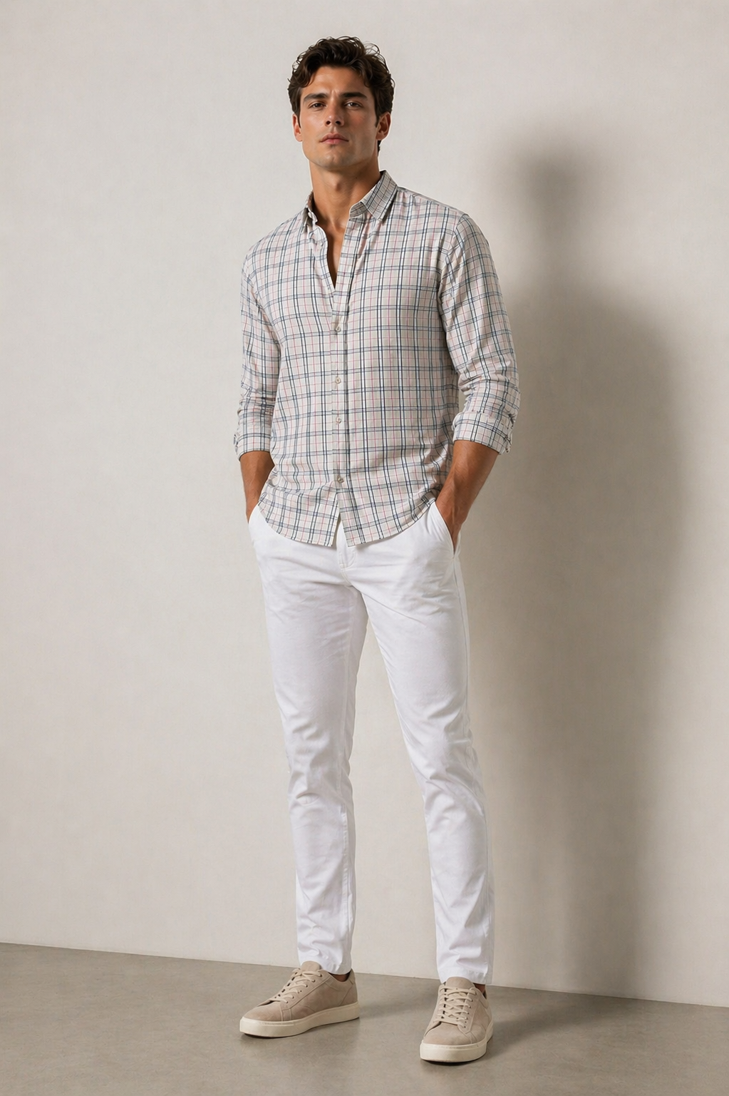 Camisas Para Hombre Manga Larga Cuadros Multicolor B61106 Kaki