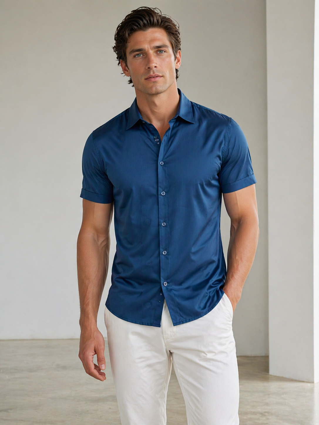 Camisas Para Hombre Manga Corta Spandex Bambú B61352 Indigo