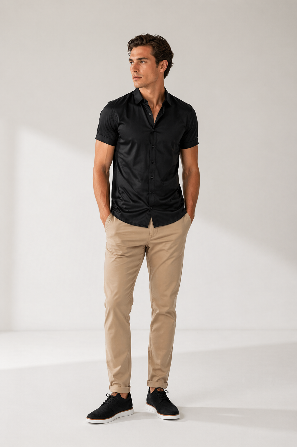 Camisas Para Hombre Manga Corta Spandex Bambú B61352 Negro