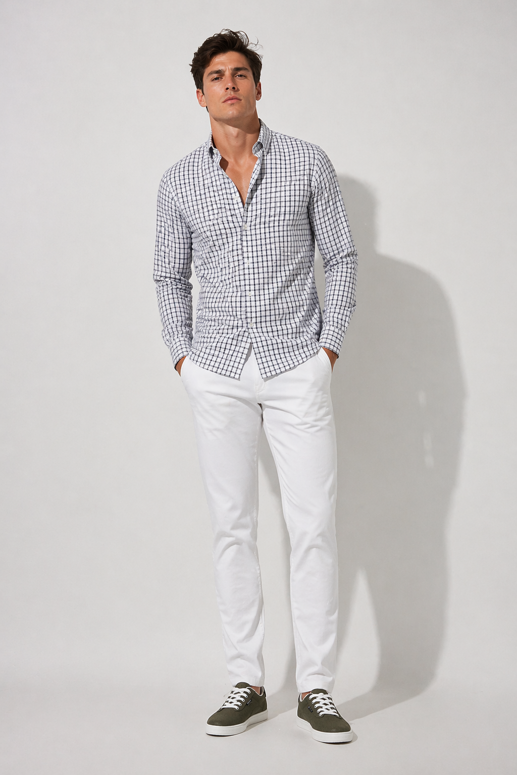 Camisas Para Hombre Manga Larga Cuadros Multicolor B61105 Olivo