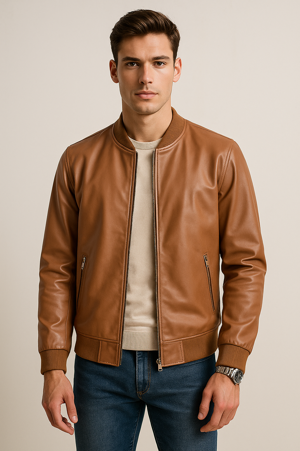 Chamarras Para Hombre Bomber Tipo Piel Cierre Frontal D45306 Camel