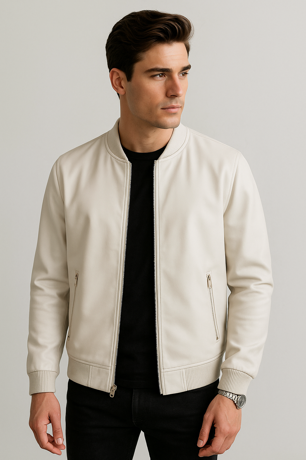 Chamarras Para Hombre Bomber Tipo Piel Cierre Frontal D45306 Blanco