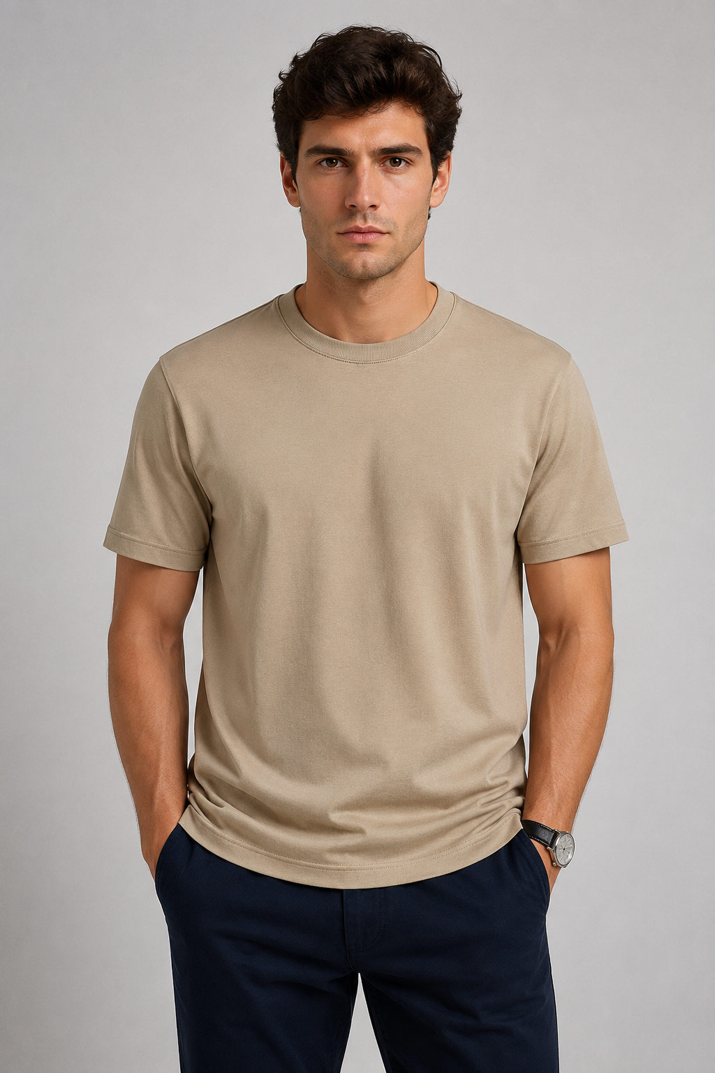 Playeras Para Hombre Básica De Cuello Redondo De Algodón A65401 Kaki