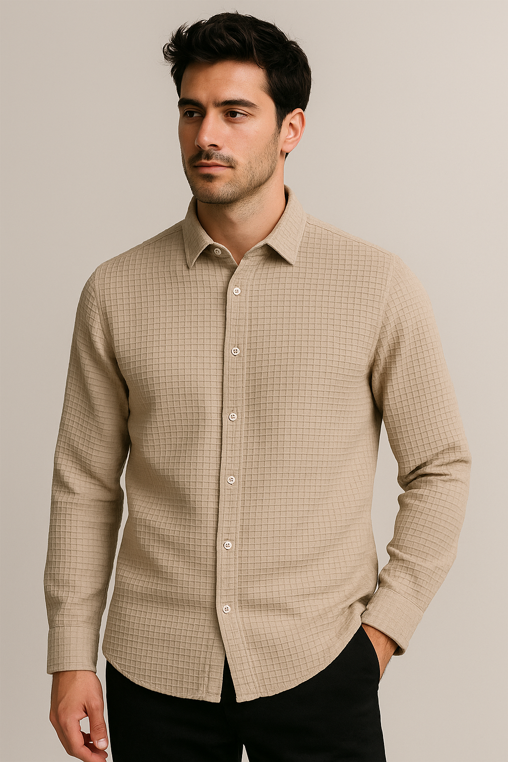 Camisas Para Hombre Jacquard Manga Larga B55325 Kaki