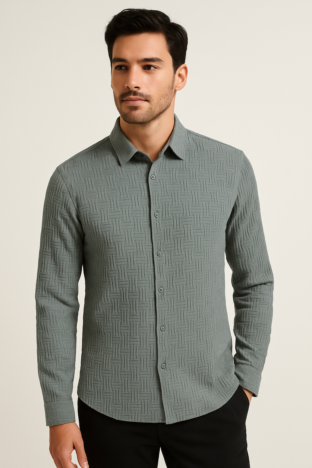 Camisas Para Hombre Jacquard Manga Larga B55326 Gris