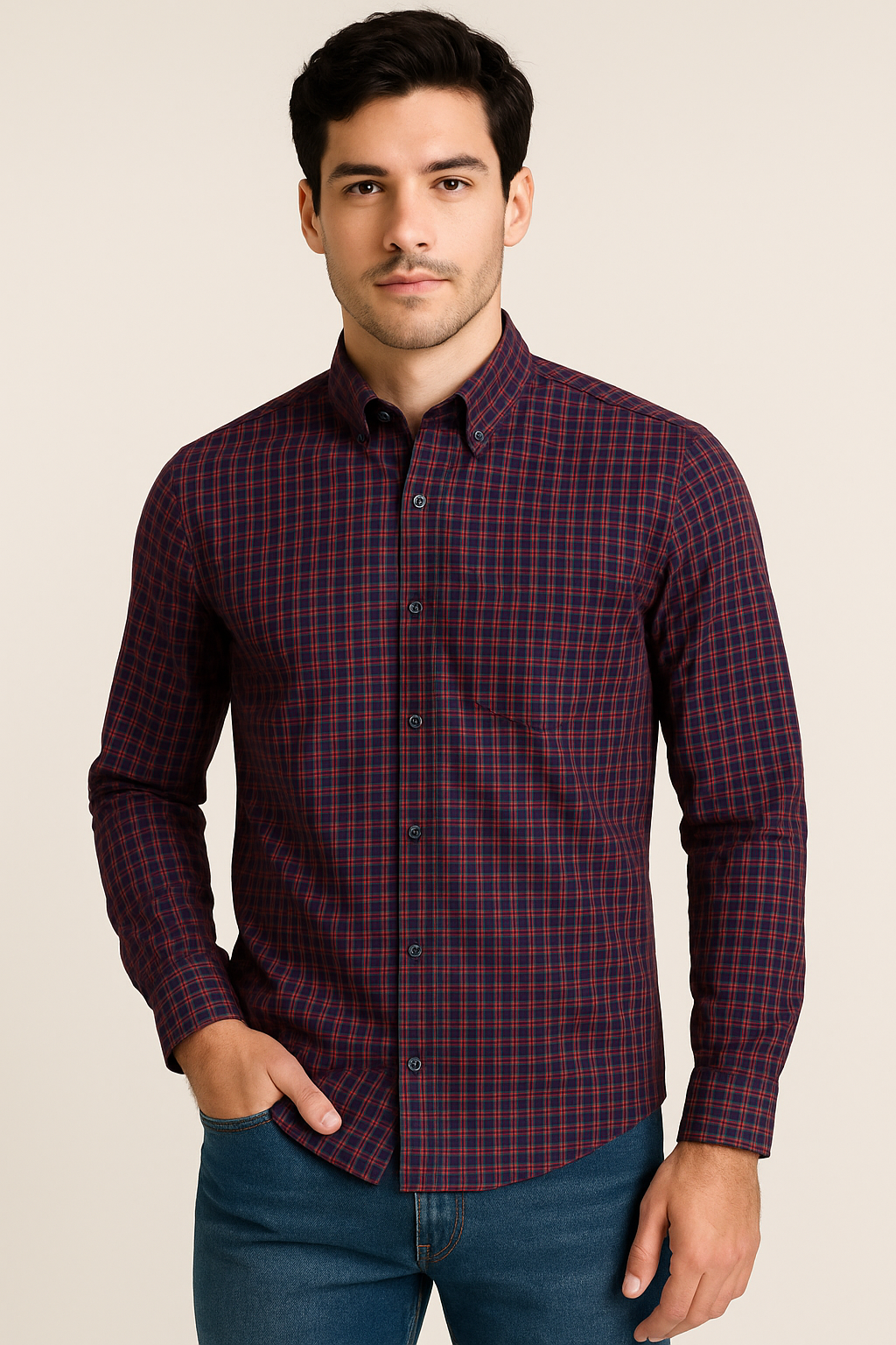 Camisas Para Hombre Cuadros Clásica Con Bolsillo B55208 Vino