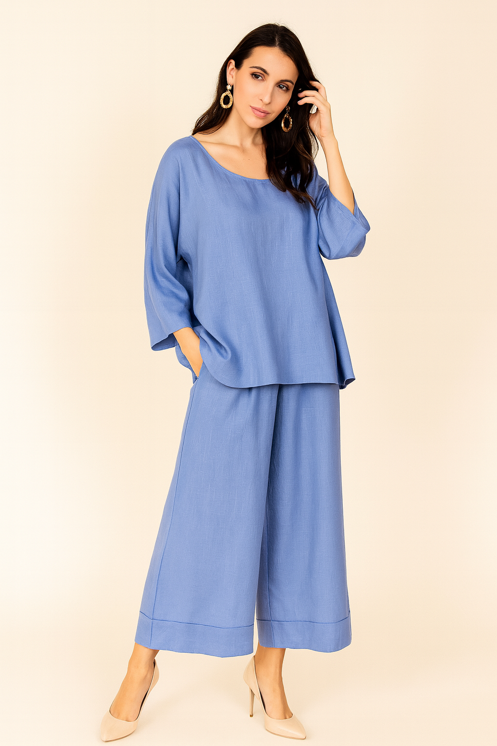 Blusas Para Mujer Bluson Manga 3/4 Tipo Lino N51147 Azul