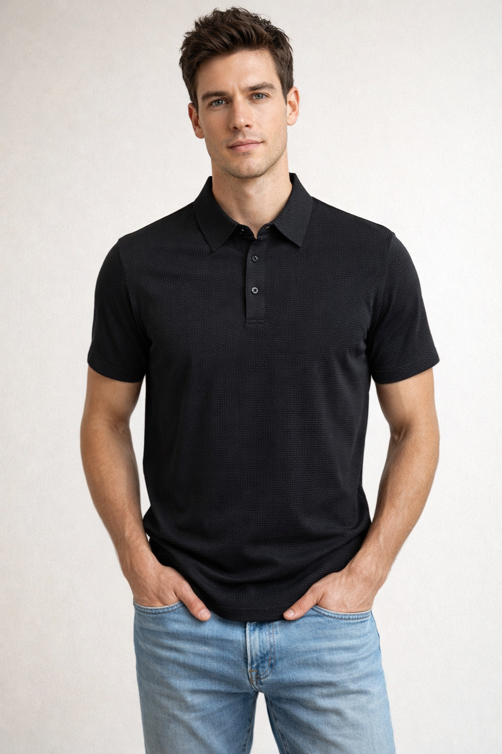 Playera Polo para Hombre Casual Jacquard Super Stretch Antiarrugas A61418 Negro