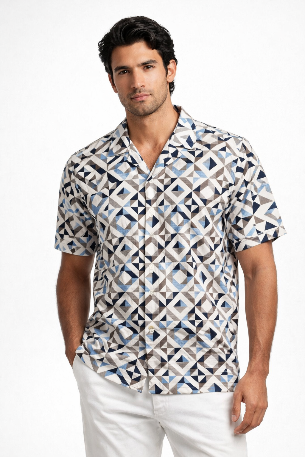 Camisa para Hombre Manga Corta Jacquard Estampada Stretch Antiarrugas B61461 Beige