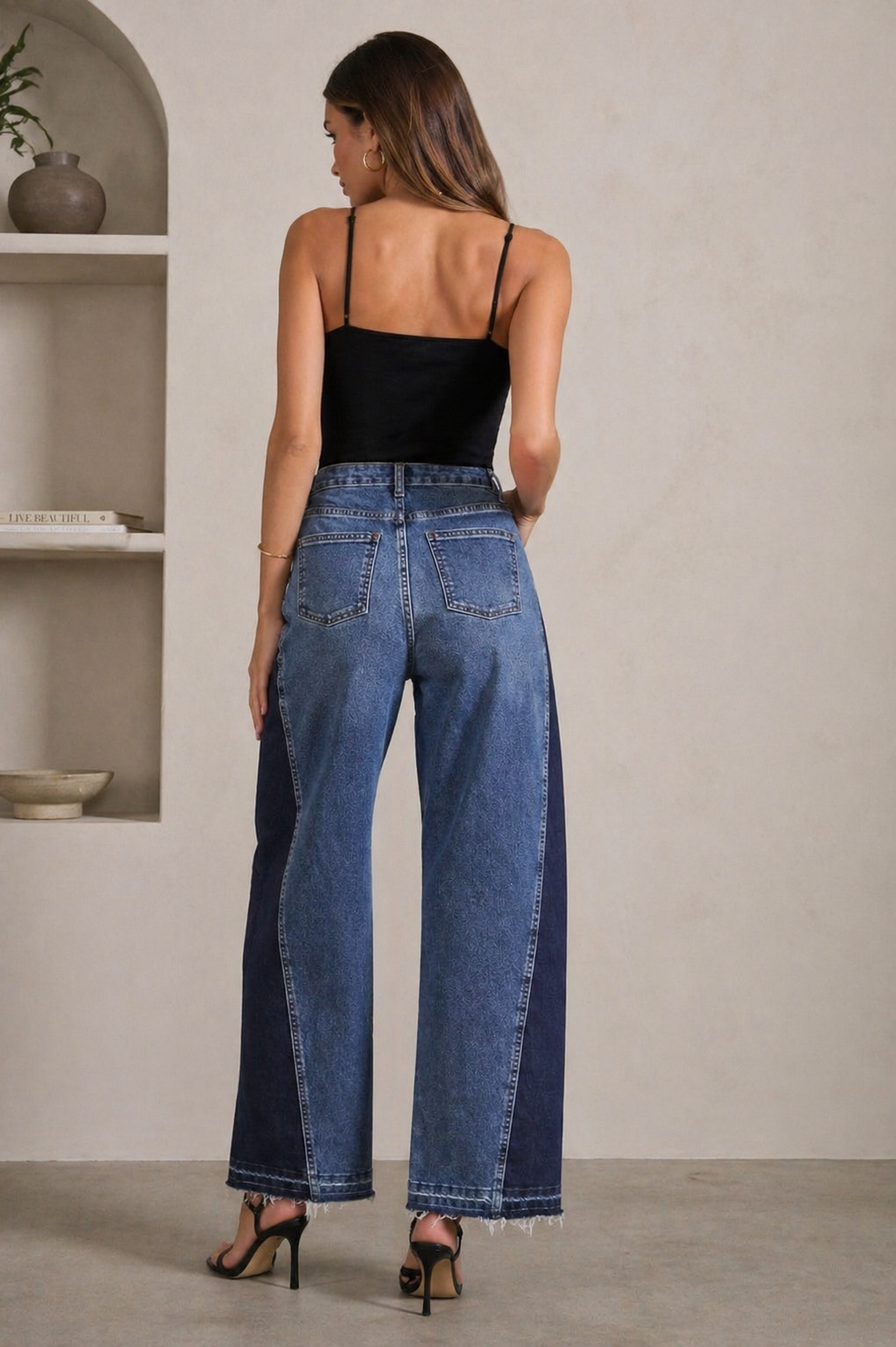 Jeans Para Mujer Wide Leg Bicolor V61101 Stone