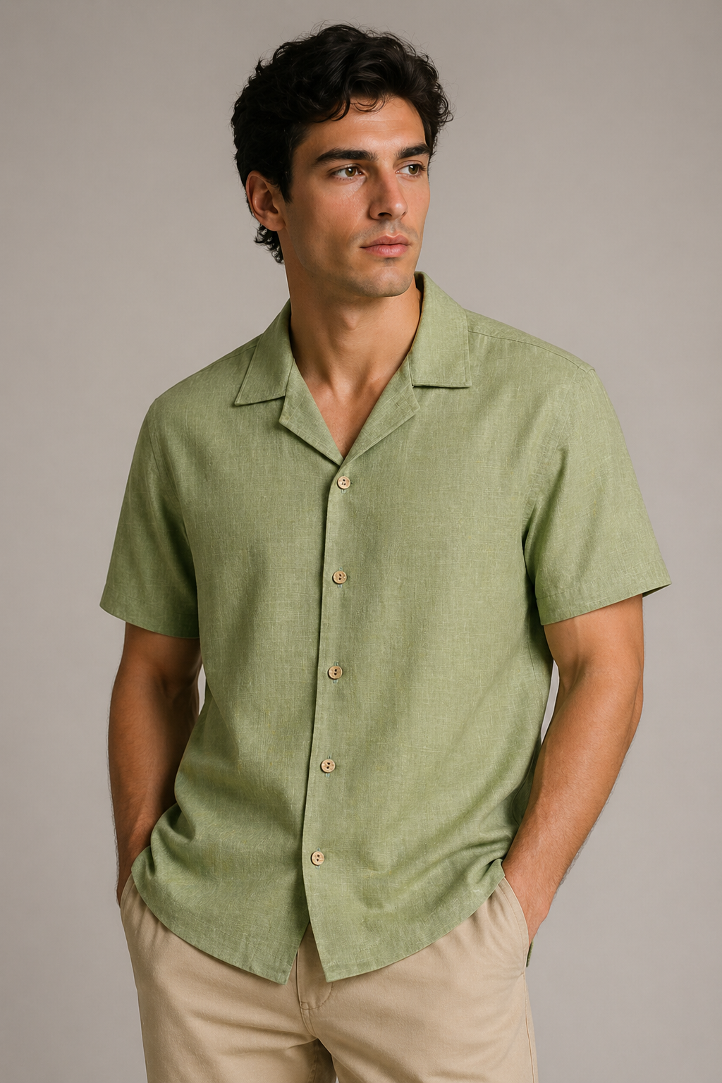 Camisas Para Hombre Tipo Lino Corte Relaxed Estilo Resort B61551 Olivo