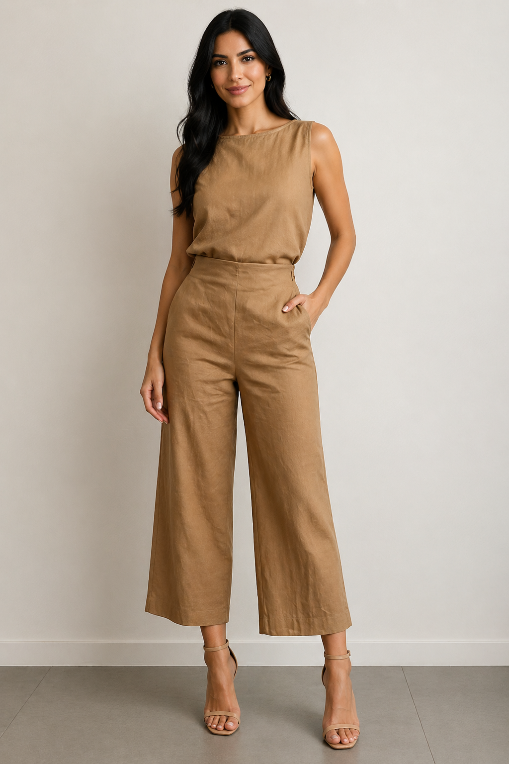 Pantalones Para Mujer Liso Amplio Tipo Lino W61117 Camel