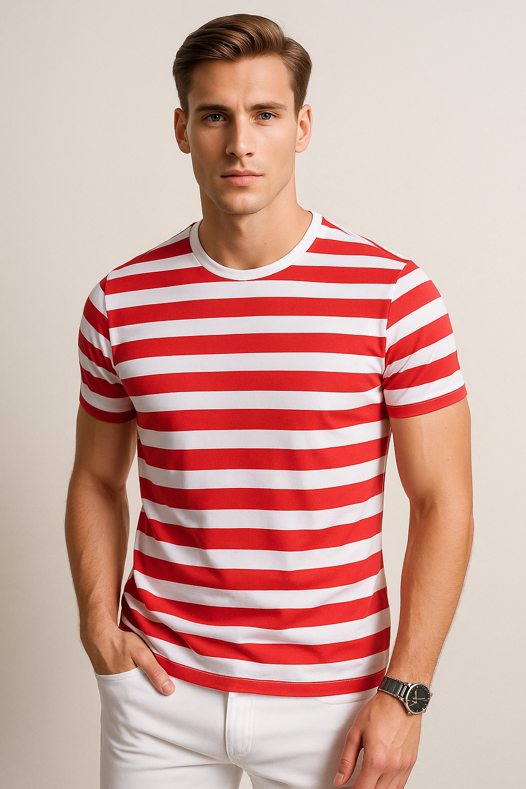 Playeras Para Hombre De Manga Corta Con Estampado De Rayas A41112 Rojo