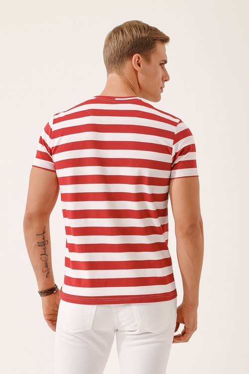 Playeras Para Hombre De Manga Corta Con Estampado De Rayas A41112 Rojo