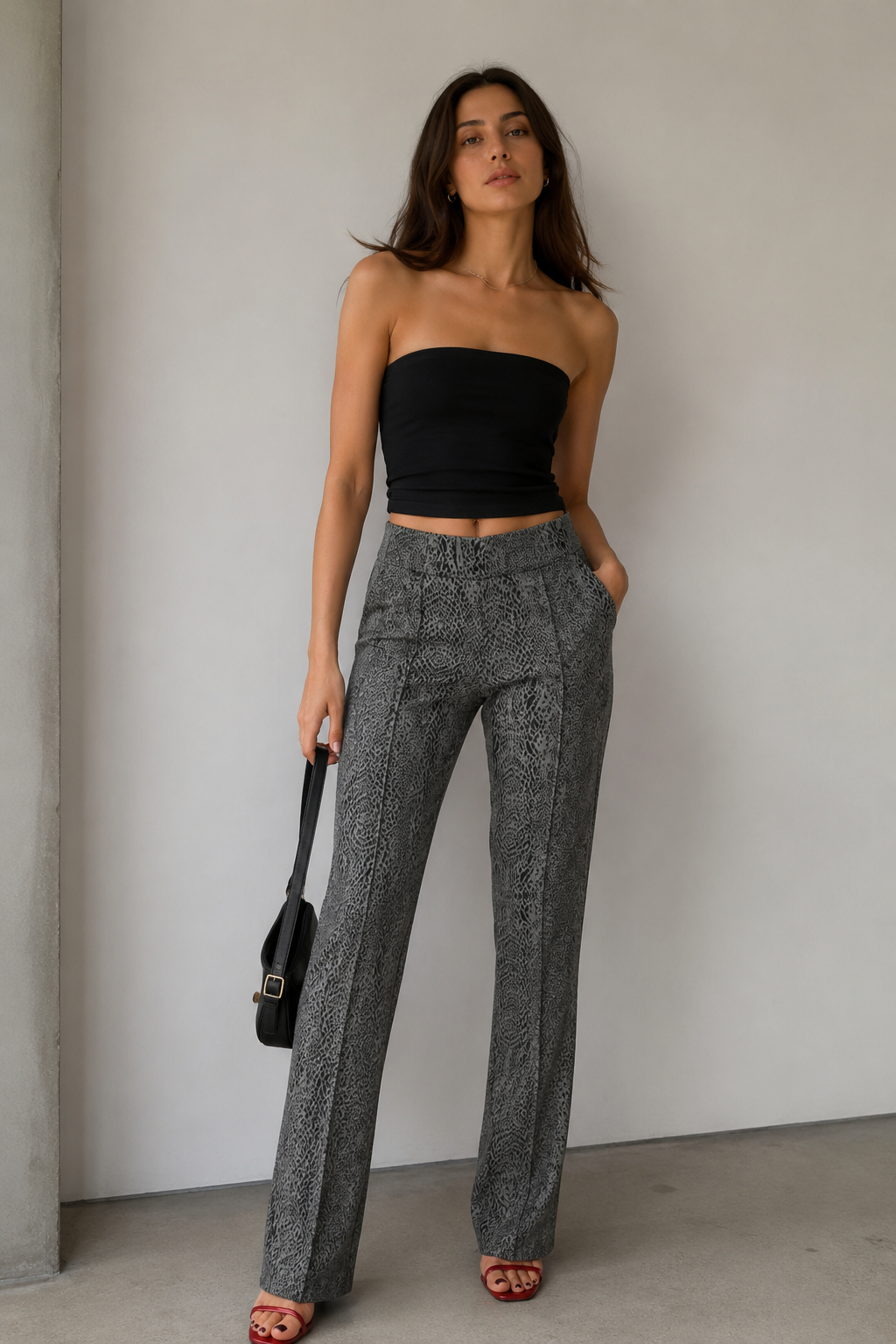 Pantalones Para Mujer Recto Animal Print Con Pespunte W53110 Gris