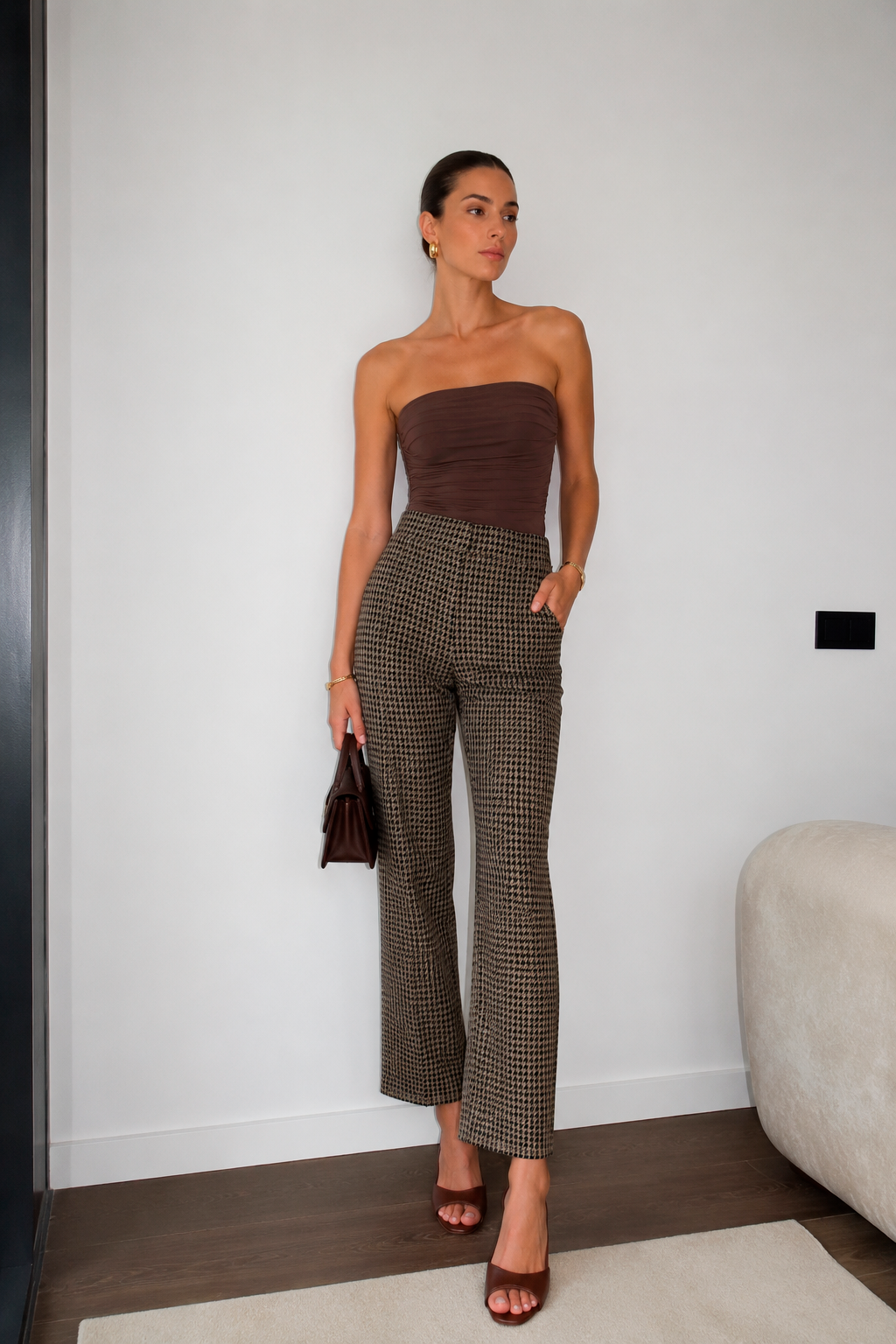 Pantalones Para Mujer Recto Pata De Gallo Con Pespunte W53111 Moka