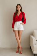 Blusas Para Mujer Satinada Con Escote Cruzado N53122 Rojo