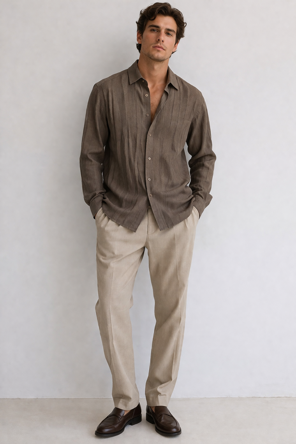 Camisas Para Hombre Manga Larga Tencel Con Lino Non Iron B55409 Cafe