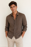 Camisas Para Hombre Manga Larga Tencel Con Lino Non Iron B55409 Cafe