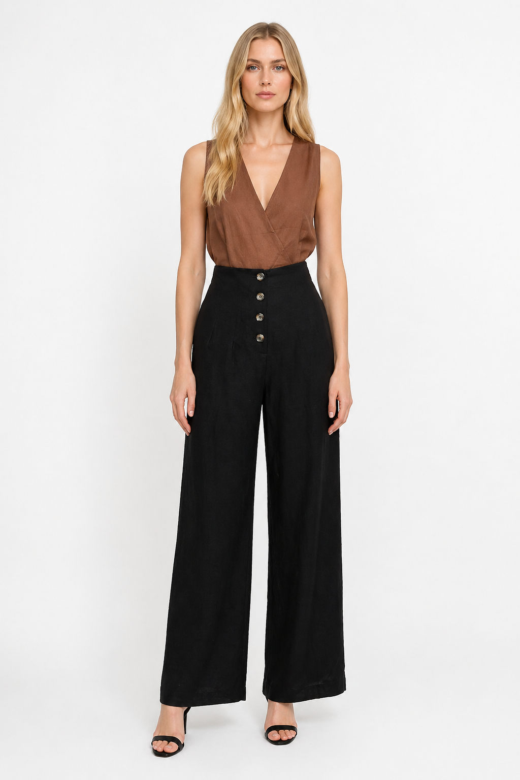 Pantalones Para Mujer Amplio Con Pespunte Con Botones Al Frente W61115 Negro