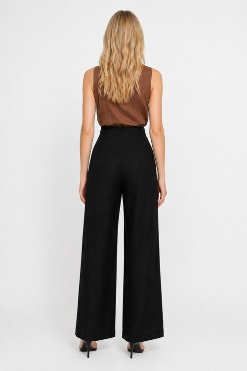 Pantalones Para Mujer Amplio Con Pespunte Con Botones Al Frente W61115 Negro