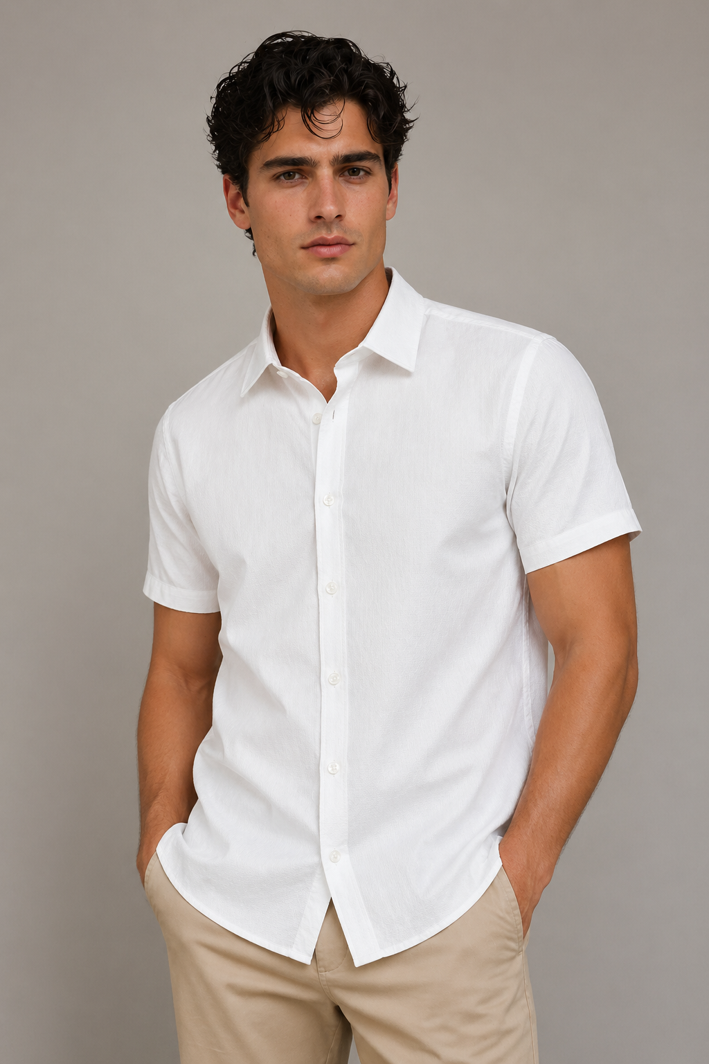 Camisas Para Hombre Manga Corta Jacquard B61351 Blanco