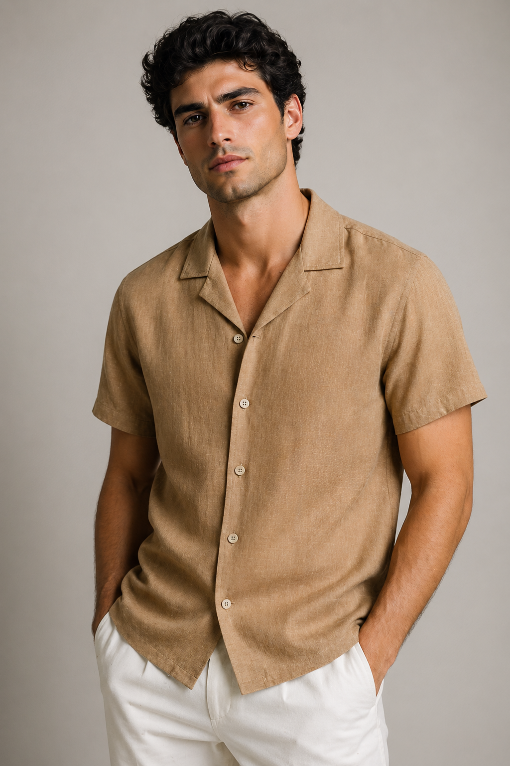 Camisas Para Hombre Tipo Lino Corte Relaxed Estilo Resort B61551 Camel