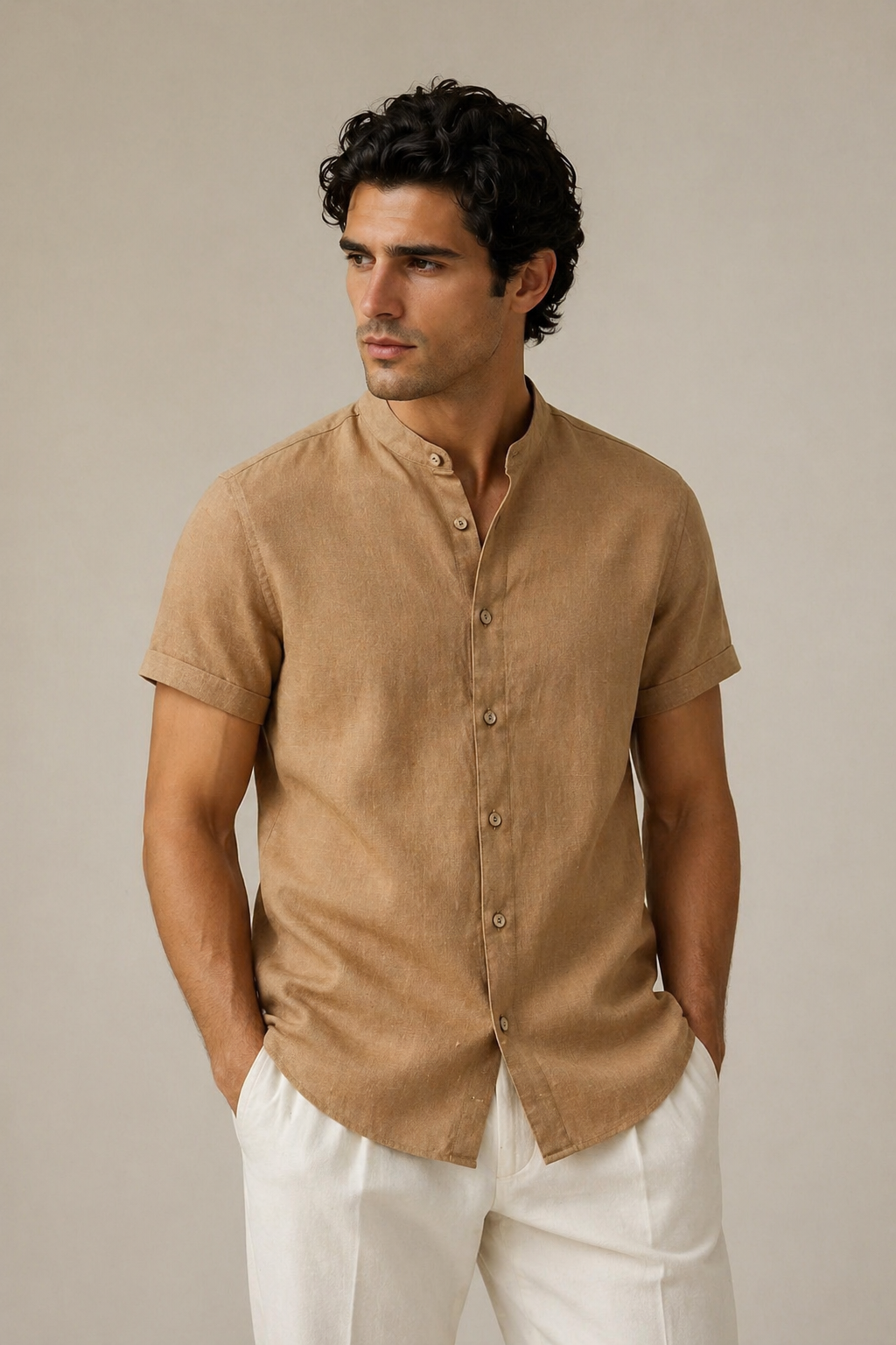Camisas Para Hombre Tipo Lino Cuello Mao B61552 Camel