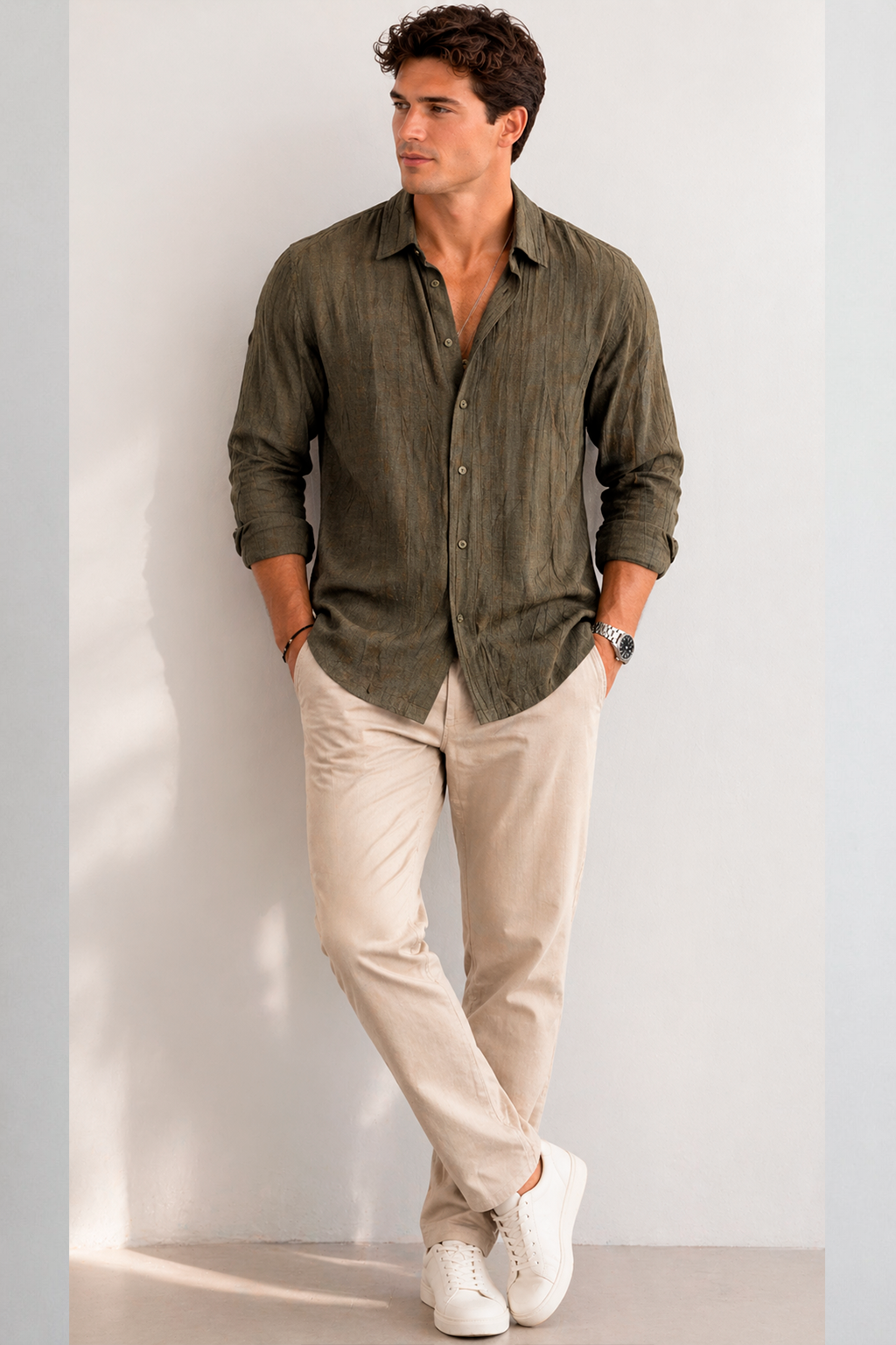 Camisas Para Hombre Manga Larga Tencel Con Lino Non Iron B55409 Olivo