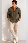 Camisas Para Hombre Manga Larga Tencel Con Lino Non Iron B55409 Olivo