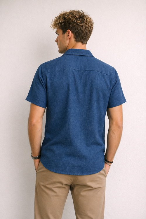 Camisas Para Hombre Tipo Lino Corte Relaxed Estilo Resort B61551 Indigo