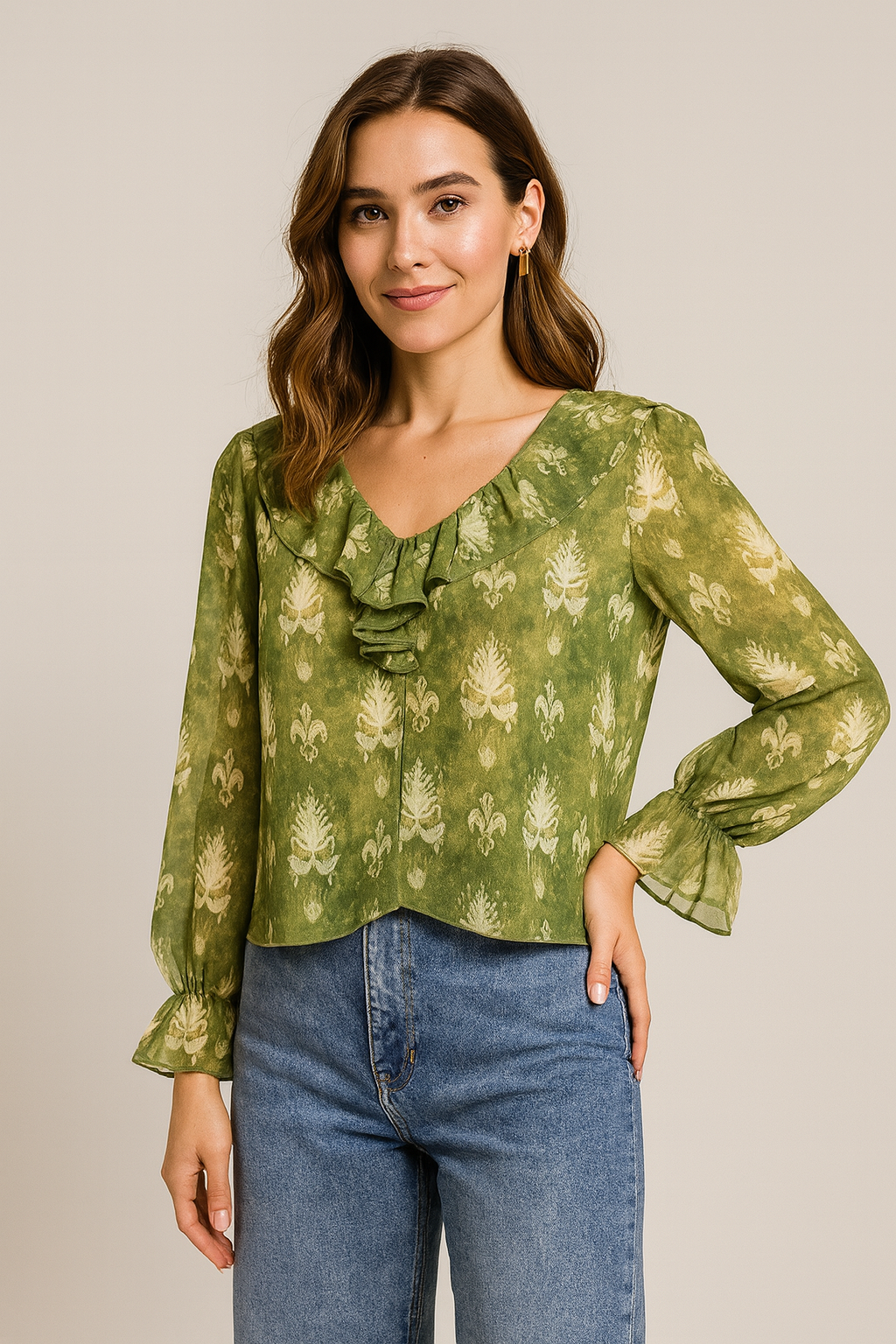 Blusas Para Mujer Manga Larga Chiffon Estampada N43110 Olivo