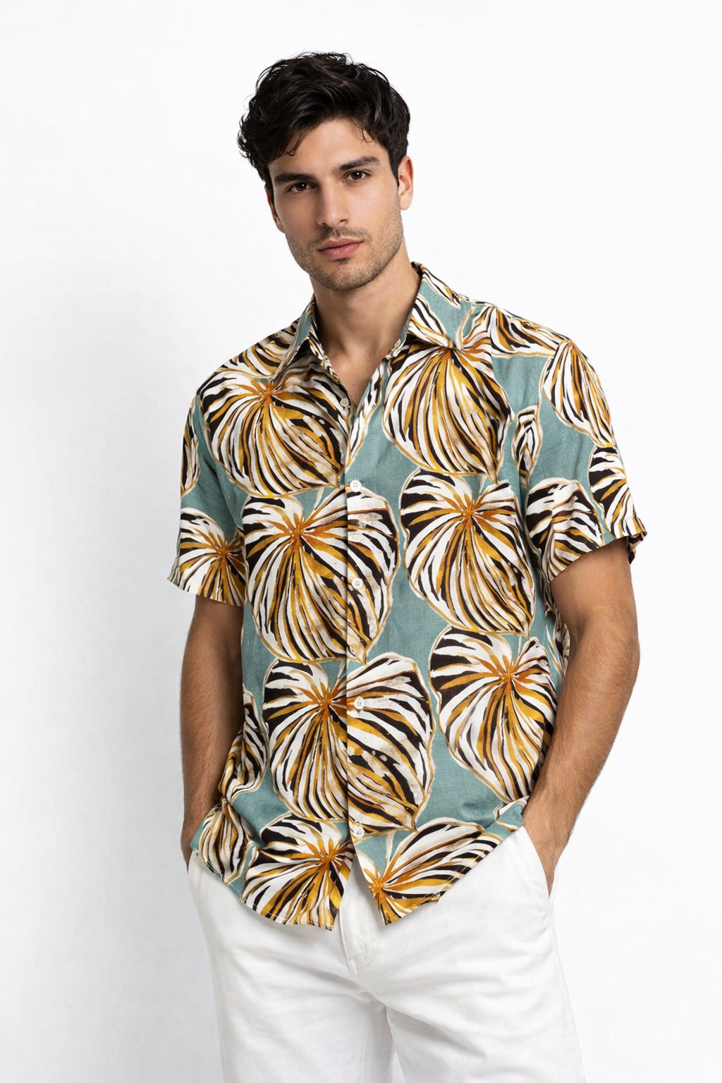 Camisas Para Hombre Manga Corta Estampado Tropical B51562 Aqua