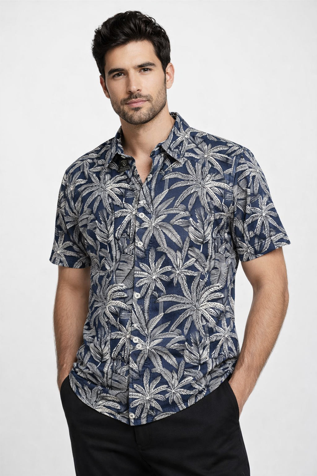 Camisas Para Hombre Manga Corta Estampado Tropical B51570 Azul