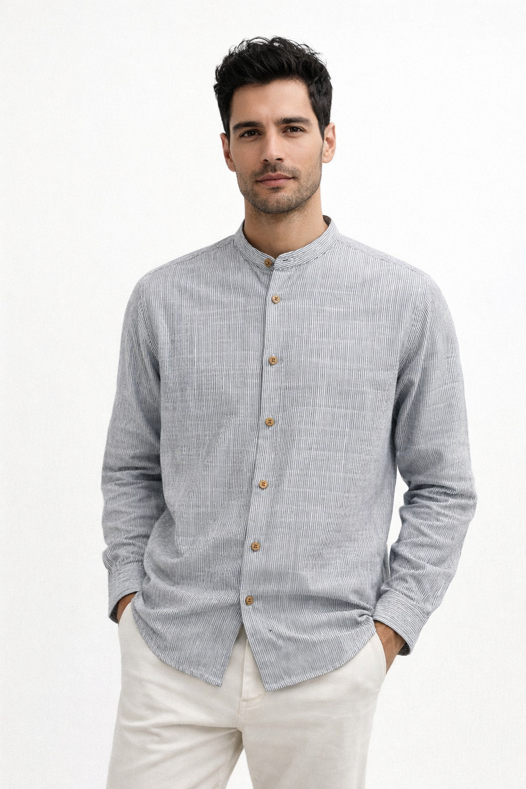 Camisas Para Hombre Cuello Mao Tipo Lino Micro Rayas B61311 Gris