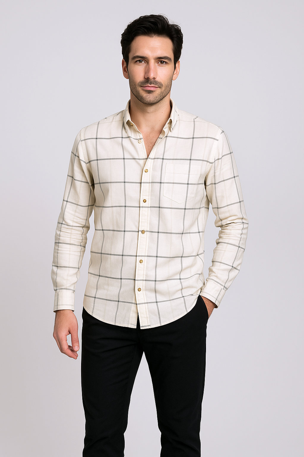 Camisas Para Hombre Soft De Cuadros B55122 Beige