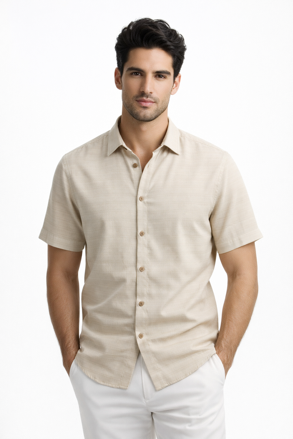 Camisas Para Hombre Manga Corta Texturizada B61355 Beige